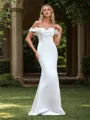 Sheath Satin Flower Off-the-Shoulder Sleeveless Court Train Wedding Dress