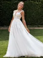 A-line Tulle Appliques Lace Scoop Sleeveless Sweep Train Wedding Dress