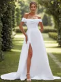 A-line Satin Pleated Off-the-Shoulder Sleeveless Chapel Train Wedding Dress
