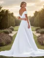 A-line Satin Pleated Off-the-Shoulder Sleeveless Chapel Train Wedding Dress