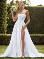 A-line Satin Straight Sleeveless Chapel Train Wedding Dress