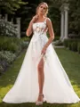 A-line Tulle Appliques Lace Square Sleeveless Court Train Wedding Dress
