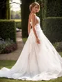 A-line Tulle Appliques Lace Square Sleeveless Court Train Wedding Dress