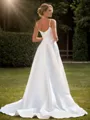 A-line Satin Spaghetti Straps Sleeveless Chapel Train Wedding Dress