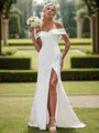 Sheath Satin Pleated Off-the-Shoulder Sleeveless Chapel Train Wedding Dress