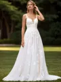 A-line Tulle Appliques Lace Scoop Sleeveless Sweep Train Wedding Dress