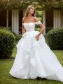 A-line Tulle Appliques Lace Off-the-Shoulder Sleeveless Court Train Wedding Dress