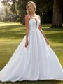 A-line Satin Bow Spaghetti Straps Sleeveless Sweep Train Wedding Dress