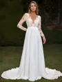 A-line Chiffon Appliques Lace Scoop Long Sleeves Court Train Wedding Dress