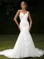 Mermaid Tulle Appliques Lace V-neck Sleeveless Chapel Train Wedding Dress