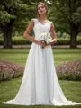 A-line Chiffon Appliques Lace V-neck Sleeveless Sweep Train Wedding Dress