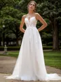A-line Tulle Appliques Lace Spaghetti Straps Sleeveless Sweep Train Wedding Dress