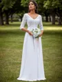 A-line Chiffon Appliques Lace V-neck 3/4 Sleeves Floor-Length Wedding Dress