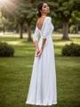 A-line Chiffon Appliques Lace V-neck 3/4 Sleeves Floor-Length Wedding Dress