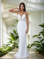 Sheath V-neck Appliques Lace Sweep Train Satin Chiffon Wedding Dress