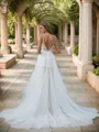 A-line V-neck Appliques Lace Chapel Train Tulle Wedding Dress