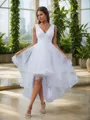 A-line V-neck Pleated Asymmetrical Tulle Wedding Dress