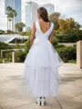 A-line V-neck Pleated Asymmetrical Tulle Wedding Dress