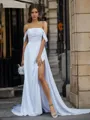 A-line Off-the-Shoulder Pleated Court Train Chiffon Corset Wedding Dress