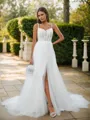 A-line Spaghetti Straps Appliques Lace Chapel Train Tulle Corset Wedding Dress