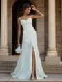 Sheath Spaghetti Straps Pleated Court Train Stretch Crepe Wedding Dress