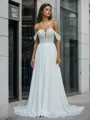 A-line Off-the-Shoulder Appliques Lace Court Train Chiffon Wedding Dress