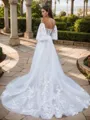 A-line Sweetheart Long Sleeves Appliques Lace Chapel Train Tulle Corset Convertible Wedding Dress