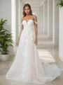 A-line Off-the-Shoulder Appliques Lace Cathedral Train Tulle Wedding Dress