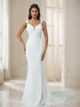 Sheath V-neck Appliques Lace Chapel Train Stretch Crepe Wedding Dress