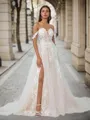 A-line Off-the-Shoulder Appliques Lace Chapel Train Tulle Wedding Dress