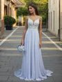 A-line V-neck Appliques Lace Cathedral Train Chiffon Wedding Dress