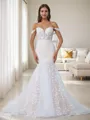 Mermaid Off-the-Shoulder Appliques Lace Cathedral Train Tulle Corset Wedding Dress