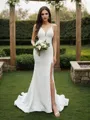 Sheath/Column Satin Ruffles Halter Sleeveless Sweep Train Wedding Dresses
