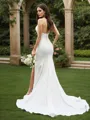 Sheath/Column Satin Ruffles Halter Sleeveless Sweep Train Wedding Dresses