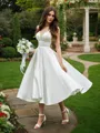 A-Line/Princess Ruffles V-neck Sleeveless Satin Tea-Length Wedding Dresses