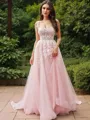 A-Line/Princess Tulle Applique Straps Sleeveless Sweep Train Wedding Dresses