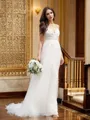 A-Line/Princess V-neck Tulle Sleeveless Applique Sweep Train Wedding Dresses