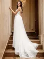 A-Line/Princess V-neck Tulle Sleeveless Applique Sweep Train Wedding Dresses