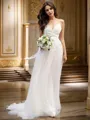 A-Line/Princess V-neck Tulle Sleeveless Applique Sweep Train Wedding Dresses