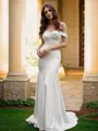 Trumpet/Mermaid Satin Off-the-Shoulder Ruched Sleeveless Sweep Train Wedding Dresses