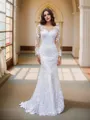 Trumpet/Mermaid Tulle Applique Scoop Long Sleeves Sweep Train Wedding Dresses