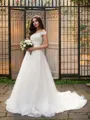 A-Line/Princess Applique Off-the-Shoulder Sleeveless Tulle Court Train Wedding Dresses