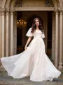 A-Line/Princess Tulle Applique V-neck 1/2 Sleeves Court Train Wedding Dresses