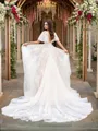 A-Line/Princess Tulle Applique V-neck 1/2 Sleeves Court Train Wedding Dresses