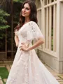 A-Line/Princess Tulle Applique V-neck 1/2 Sleeves Court Train Wedding Dresses