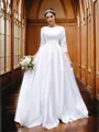 A-Line/Princess Satin Bowknot Bateau 3/4 Sleeves Sweep Train Wedding Dresses