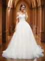 A-Line/Princess Off-the-Shoulder Tulle Sleeveless Ruched Court Train Wedding Dresses