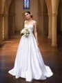 A-Line/Princess Satin Ruffles Straps Sleeveless Sweep Train Wedding Dresses