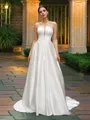 A-Line/Princess Strapless Satin Sleeveless Ruffles Sweep Train Wedding Dresses