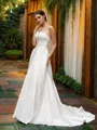 A-Line/Princess Strapless Satin Sleeveless Ruffles Sweep Train Wedding Dresses